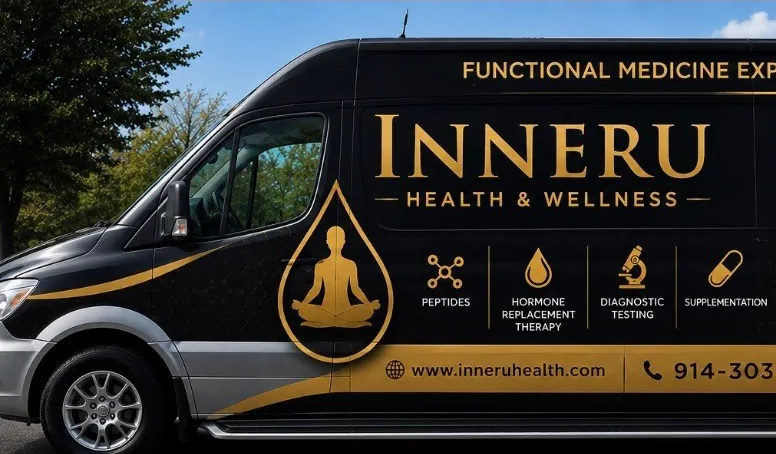 The Inner U Mobile IV Sprinter unit in its gold and black wrap, photographed from the driver side, showing the lotus mark, the INNERU Health and Wellness wordmark, and the service panel.